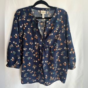 St. John's Bay Navy Floral Peasant Tunic with Orange & Teal Accents Size XL